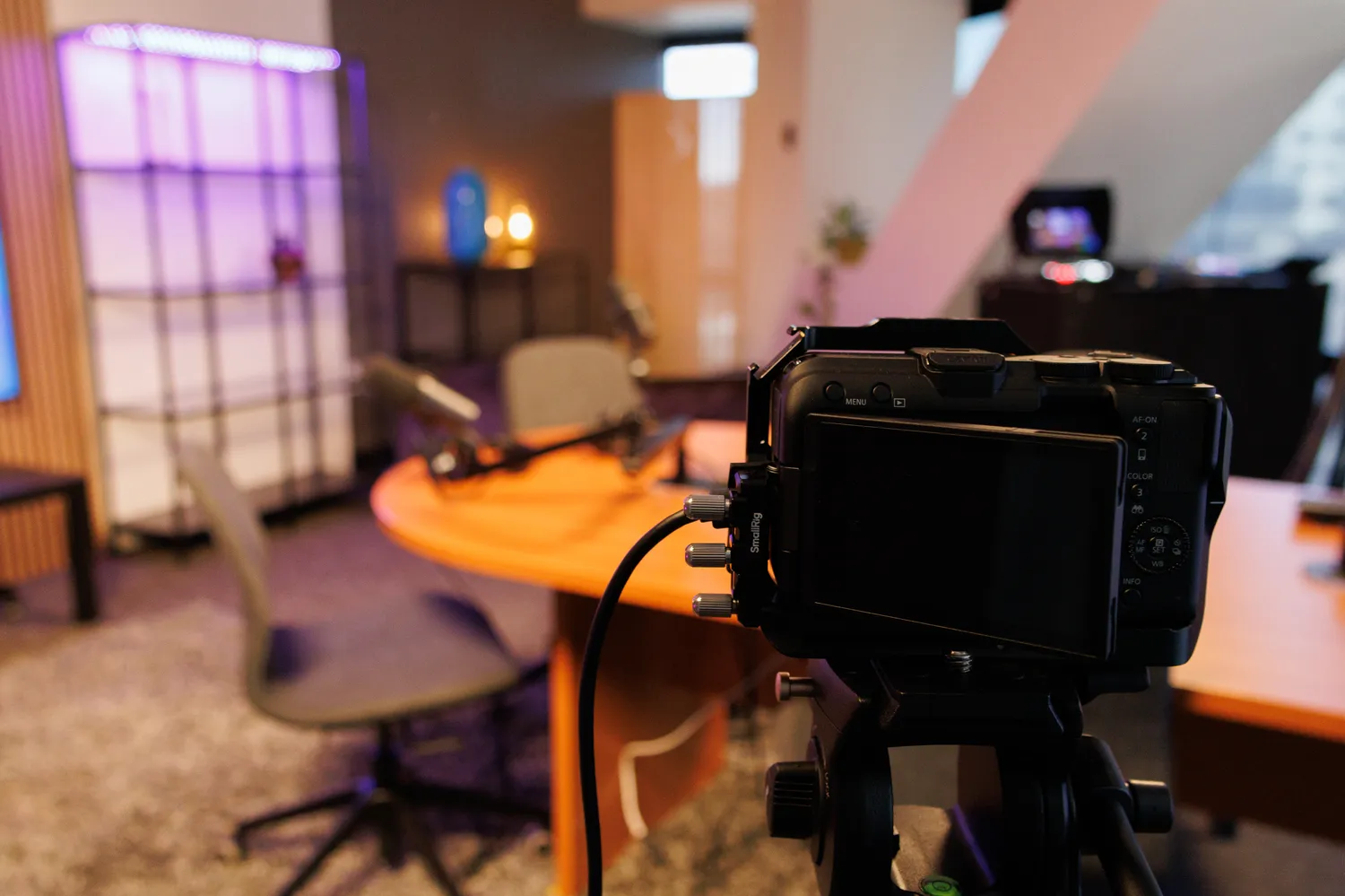 Professional studio setup with podcast and photography equipment